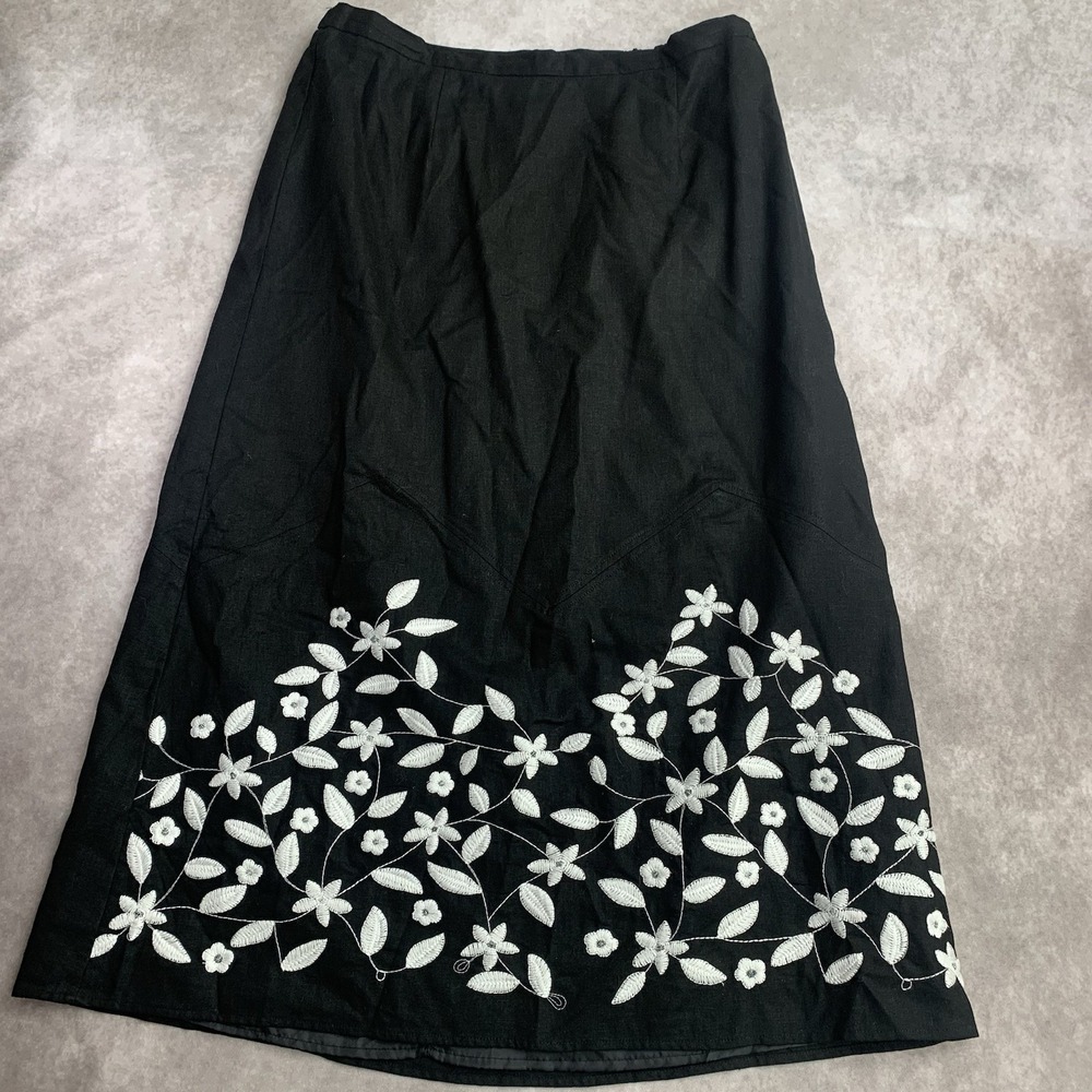 Autograph Woman Black Embroidered Linen Blend A-Line Skirt Women's Size 14